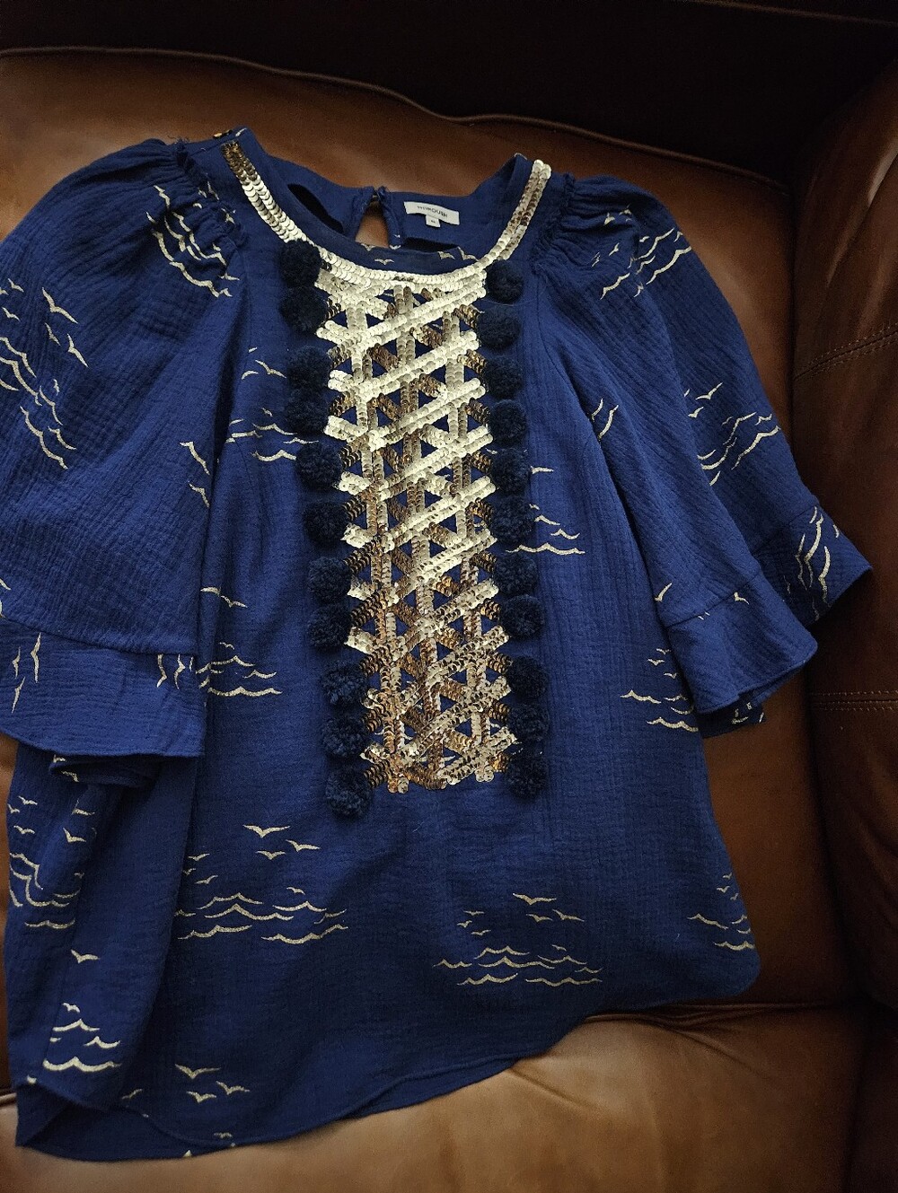 Manoush French Navy Pom-Pom Peasant Blouse with Gold Sequins US 8 FR 40